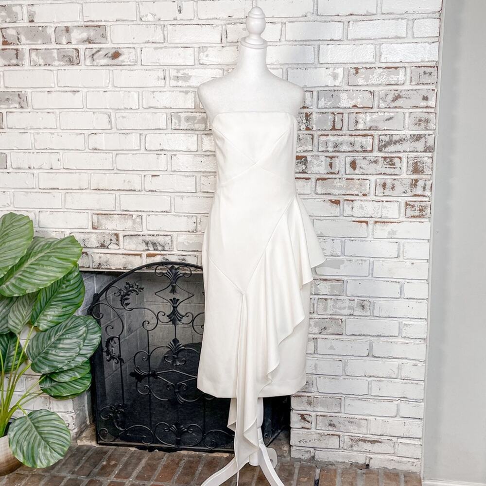 Milly Ivory White Bridal Cocktail Strapless Cascading Ruffle Front Midi Dress 12